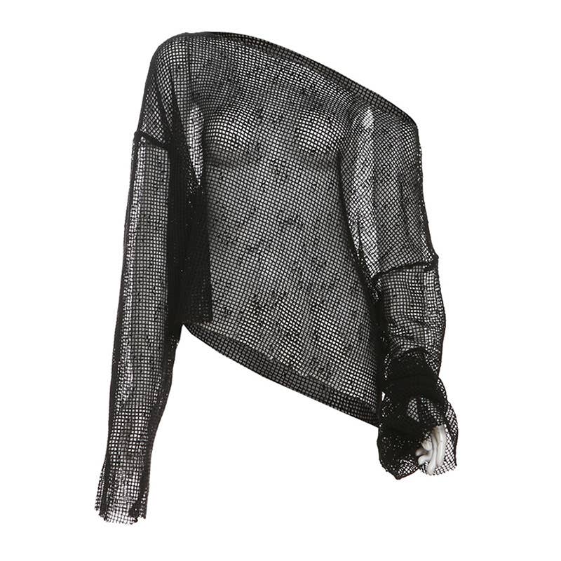 Sheer One Shoulder Mesh Long Sleeve Top