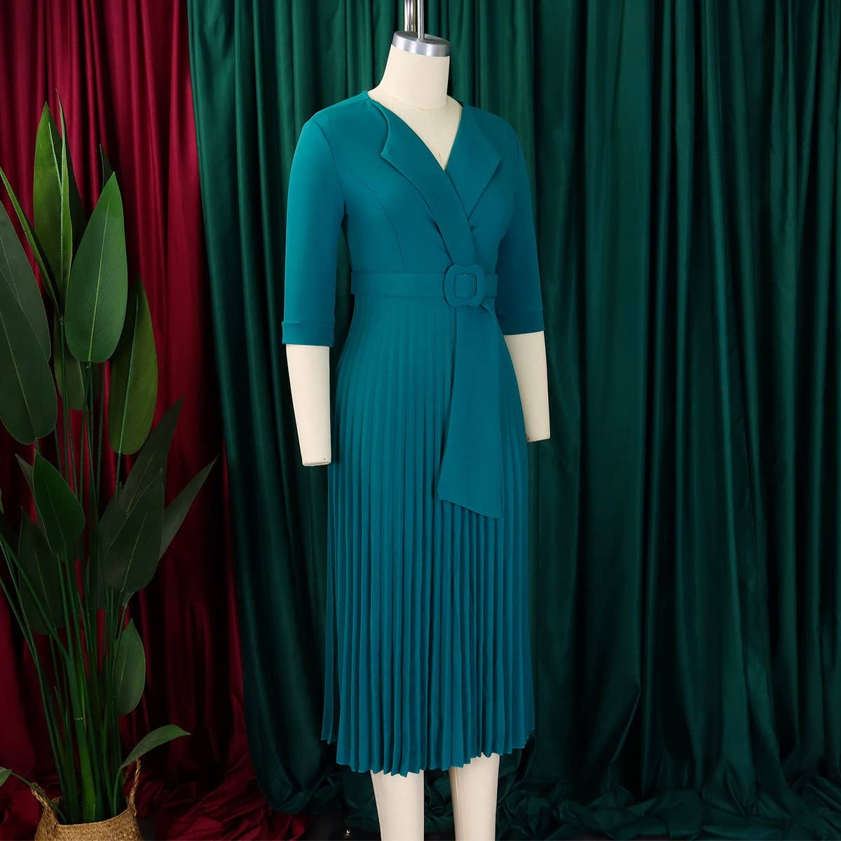 FASHION SUIT COLLAR PLEATED WAIST PLUS SIZE DRESS_CWDMD3653