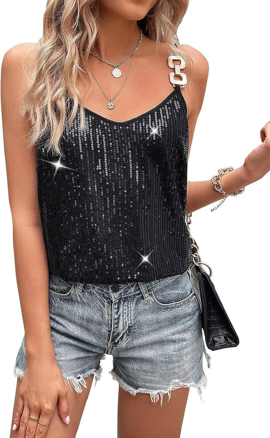 Sequined metal buckle loose halter top