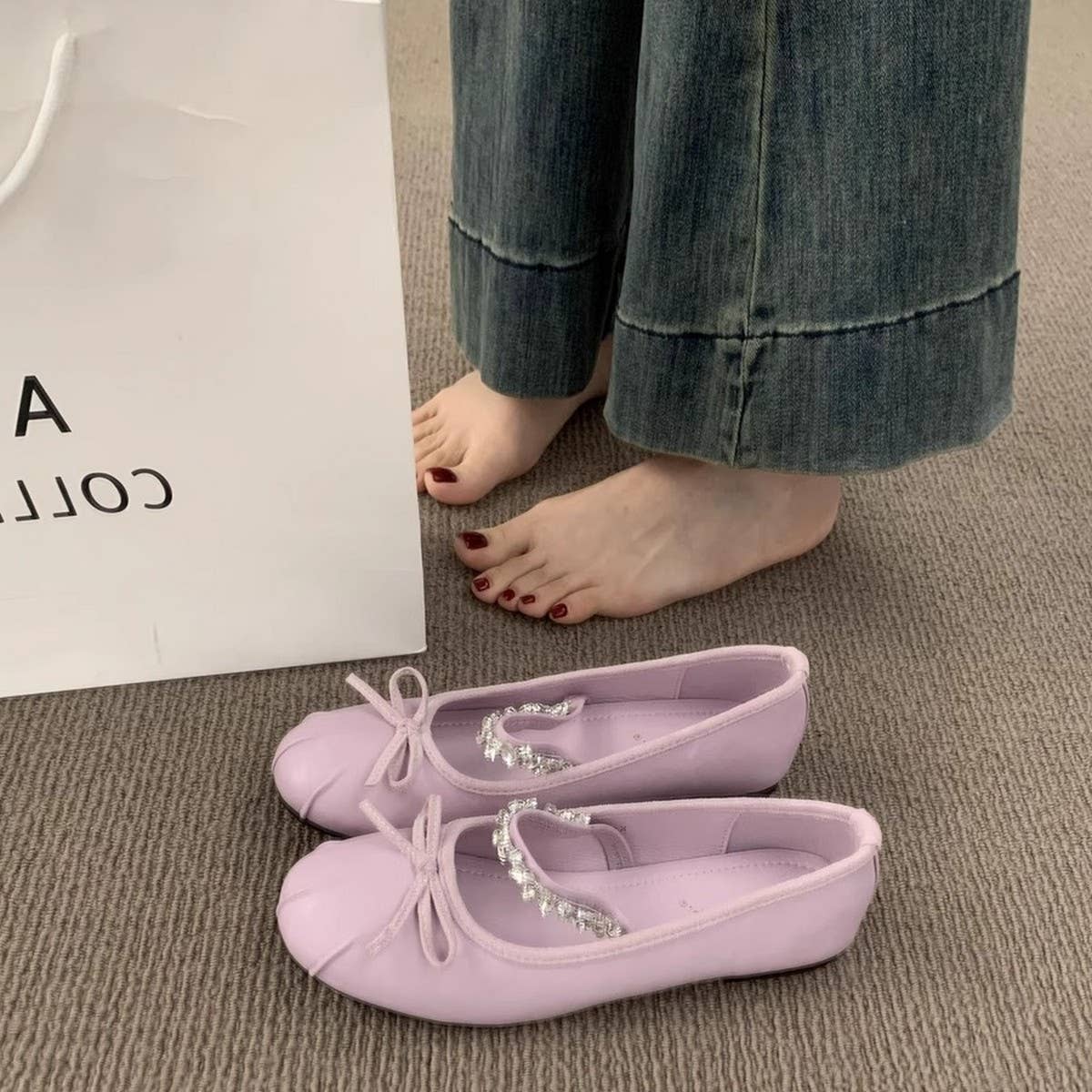 Rhinestone Strap Flat Mary Jane Bow Ballet Flats