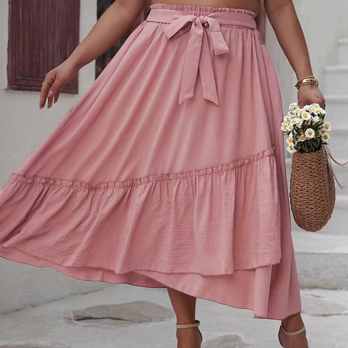 PLUS-SIZE CASUAL LACEUP PATCHWORK WRINKLE SKIRT_CWBMS0097