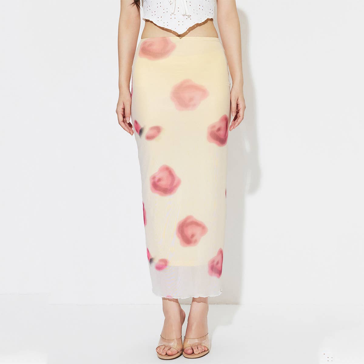 SLIM-FIT PRINT MESH SKIRT WITH HIP WRAP