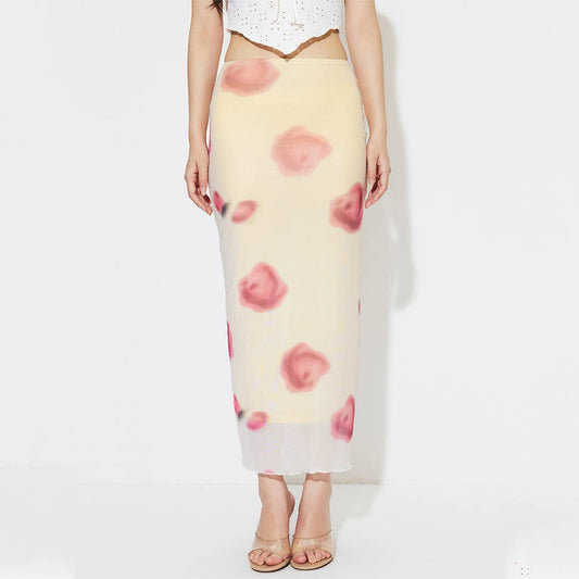 SLIM-FIT PRINT MESH SKIRT WITH HIP WRAP