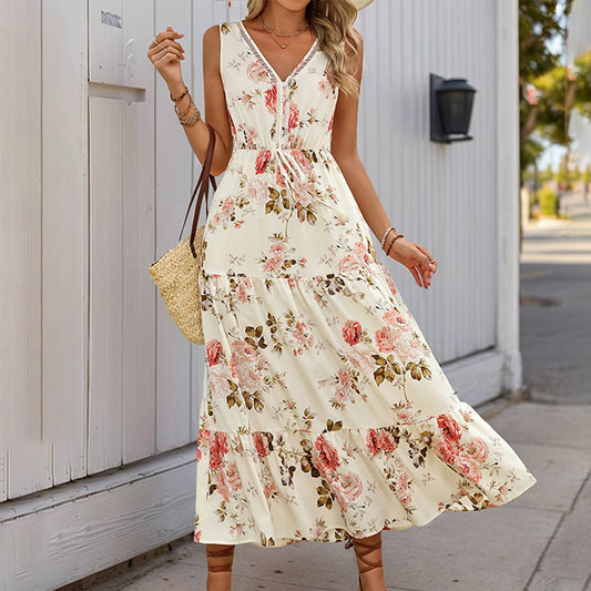 V-neck printed high waist waist long swing dress