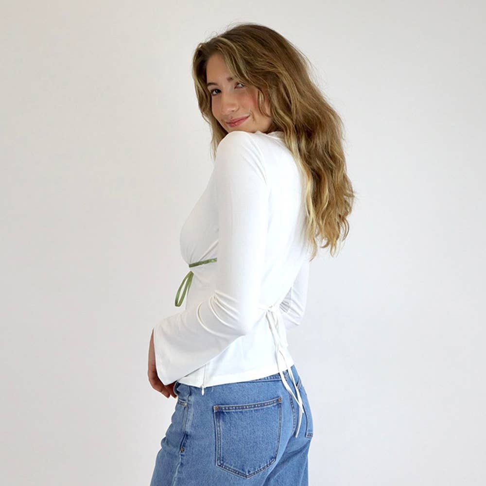 V-neck lace-trimmed bow sexy slimming T-shirt