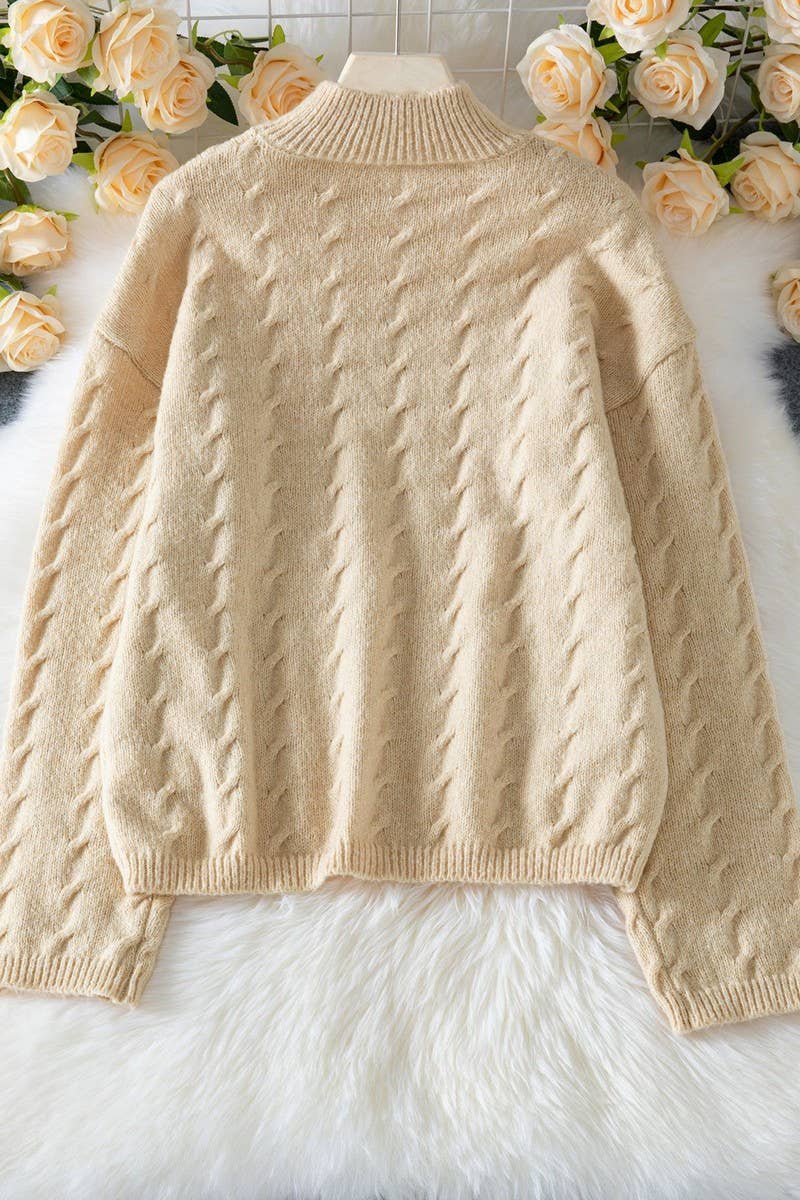 CWOSWL07454_HIGH NECK CASUAL LOOSE CABLE KNIT SWEATER
