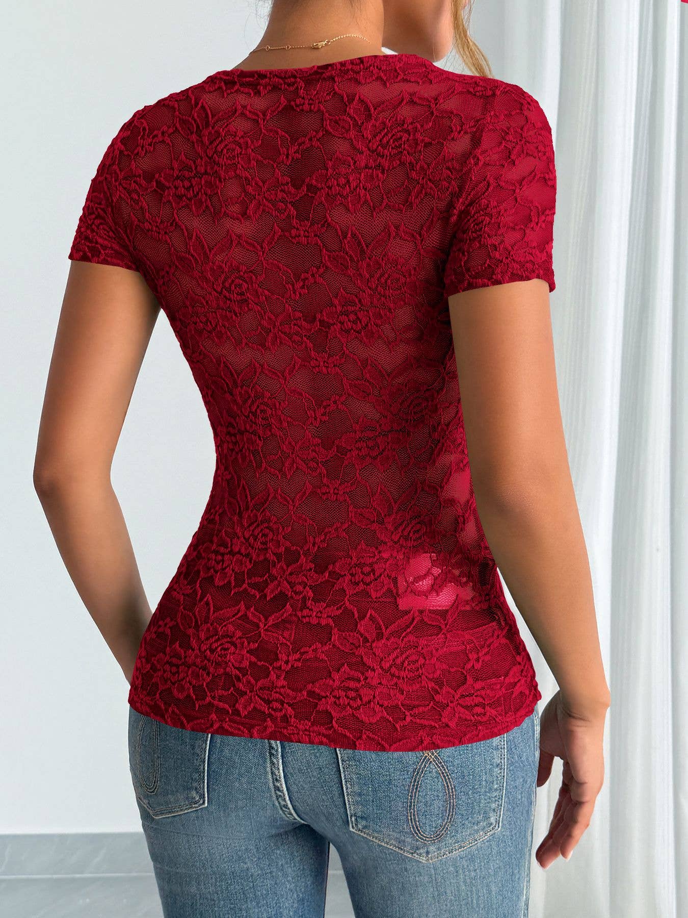 Solid-color lace V-neck short sleeve lace T-shirt