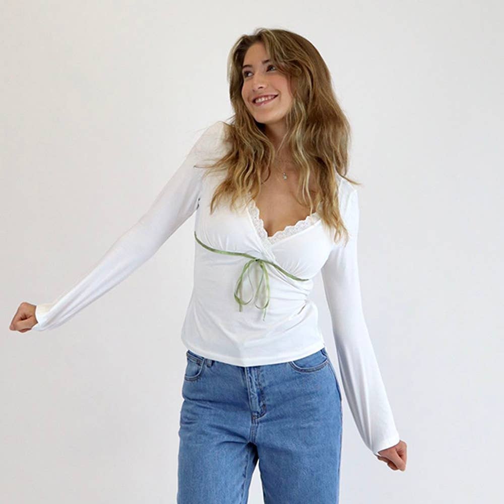 V-neck lace-trimmed bow sexy slimming T-shirt