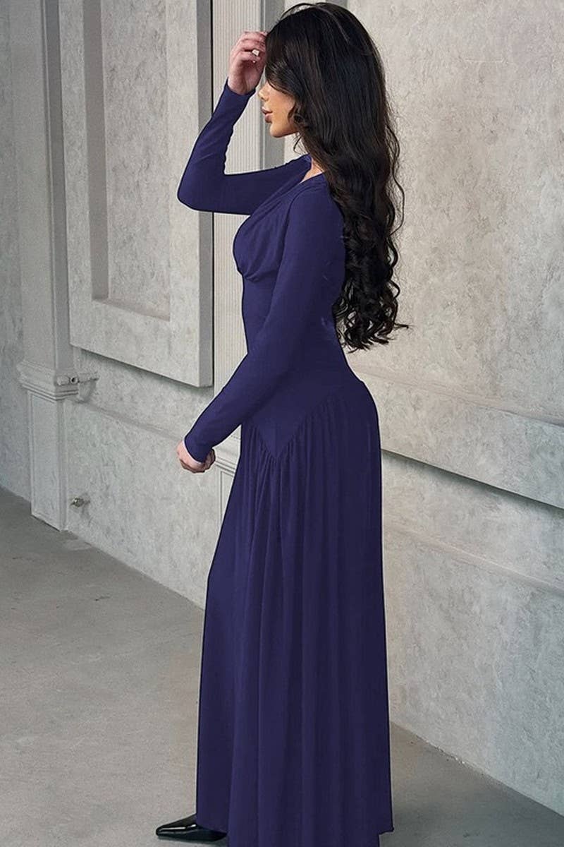 CWDMD01205_V NECK RUCHED WAIST SOLID MAXI DRESS