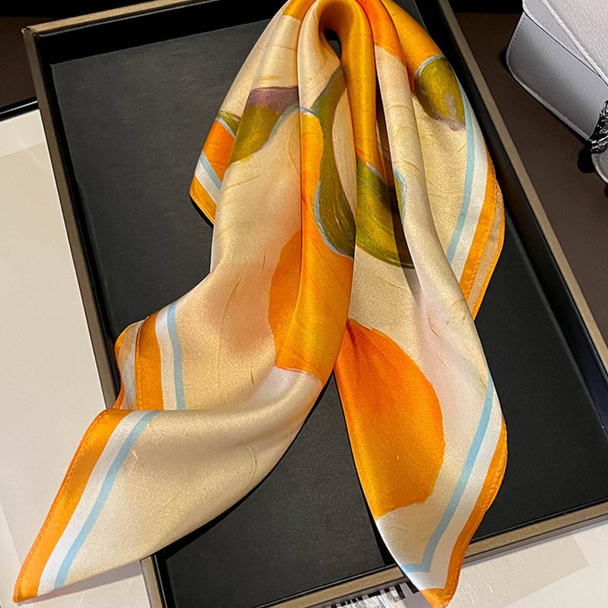 Silk Ribbon Scarf - Orange Floral Long Neck Wrap