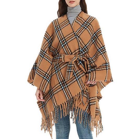 PLAID FRINGED CARDGAN WARM SHAWL CLOAK_CWASC0266