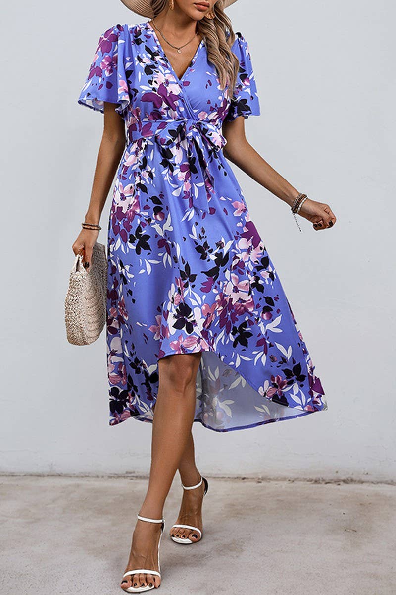 CWDMD4669_SUMMER RETRO PRINT LACE-UP WRAP V-NECK DRESS