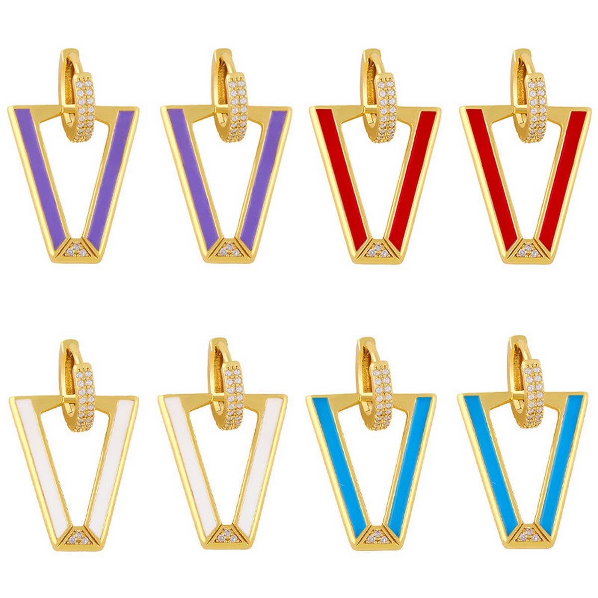 COLORFUL ZIRCON INVERTED TRIANGLE V SHAPED EARRING