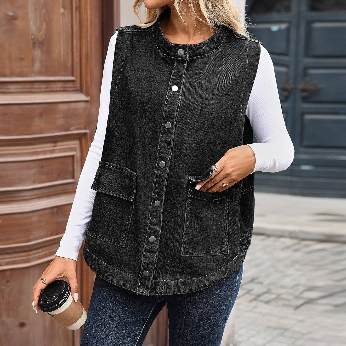 Washed casual loose denim vest jacket