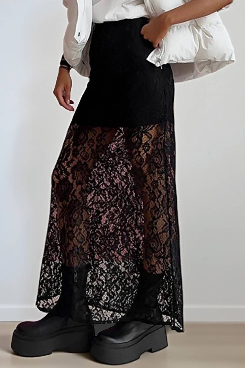 CWBLS142_SEXY JACQUARD SEE-THROUGH LACE HOLLOW SKIRT