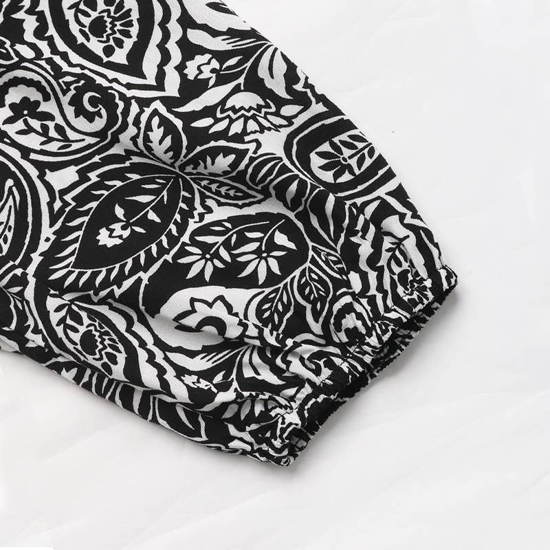 National printing v-neck long-sleeved dress