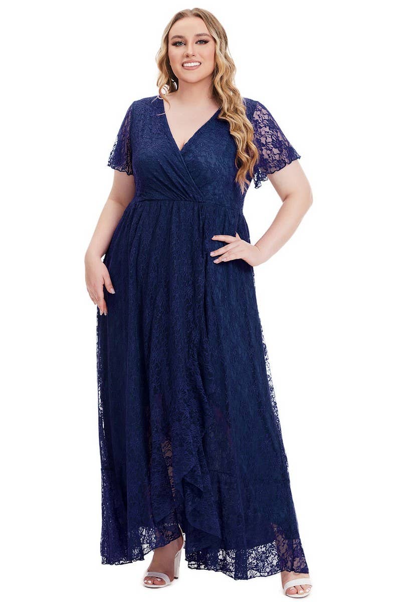 CWDMD3206_PLUS SIZE V-NECK LACE LONG EVENING DRESS