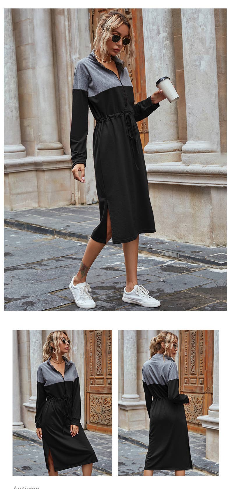 Long stand-up collar zip-up hoodie dress