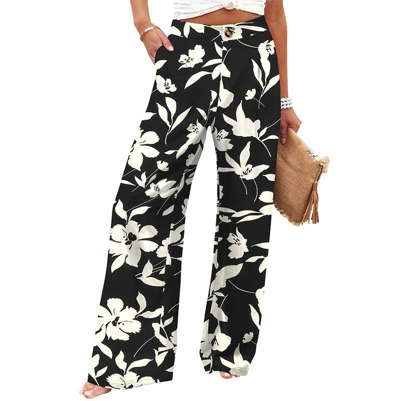 Leaf Print High Waist Wide Leg Trousers