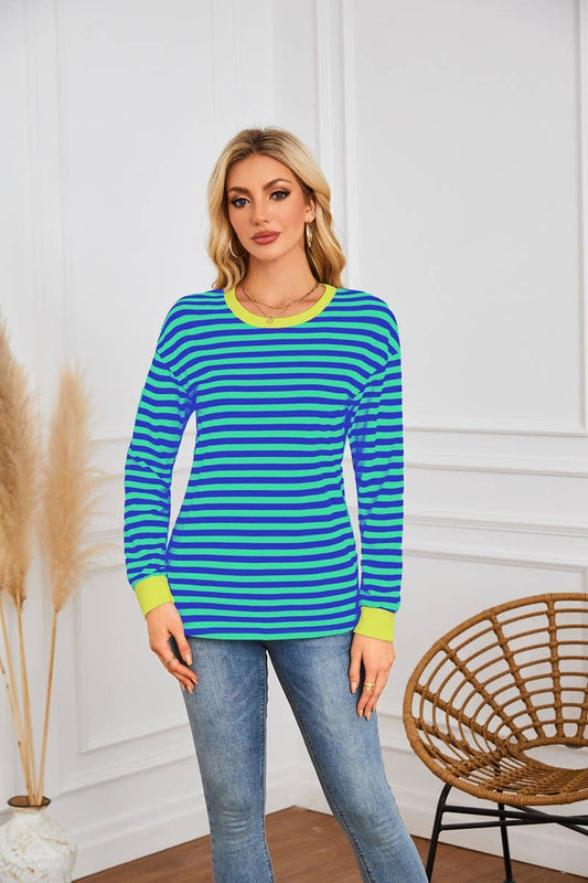 STRIPED CREW-NECK LONG-SLEEVED PULLOVER HOODIE
