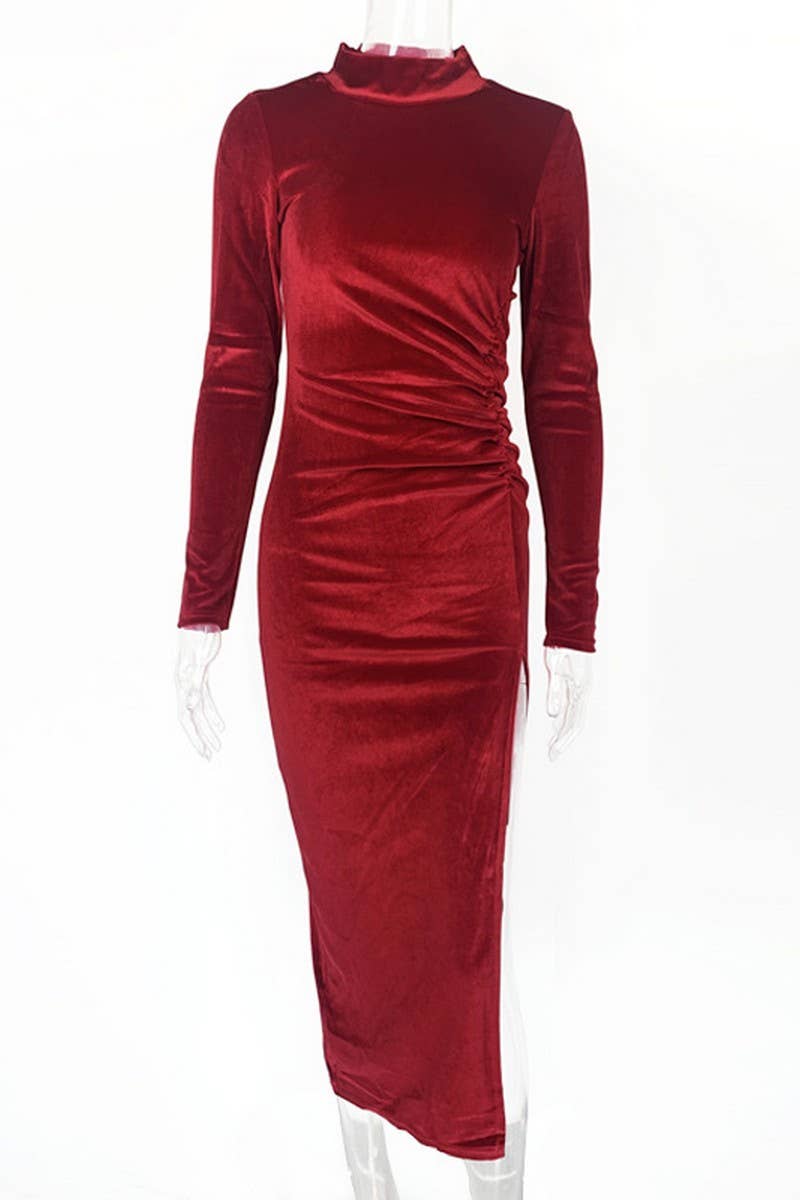 CWDMD4904_HIGH NECK LONG SLEEVE PLEATED SLIT DRESS