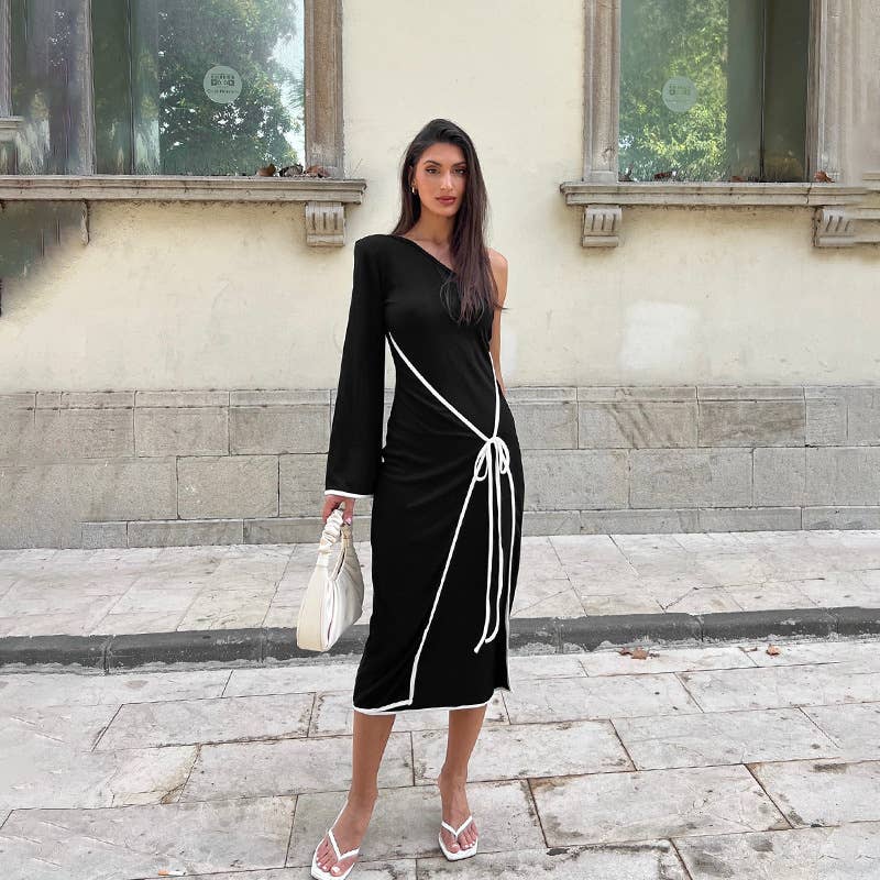 TEMPERAMENT ONE-SHOULDER COLOR EDGE LACE DRESS