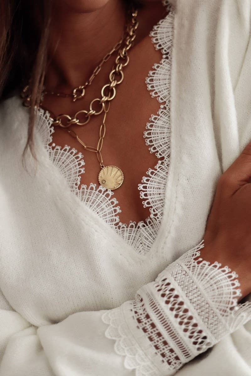 CWOSWL07426_V-NECK LACE PANEL LONG-SLEEVED SWEATER