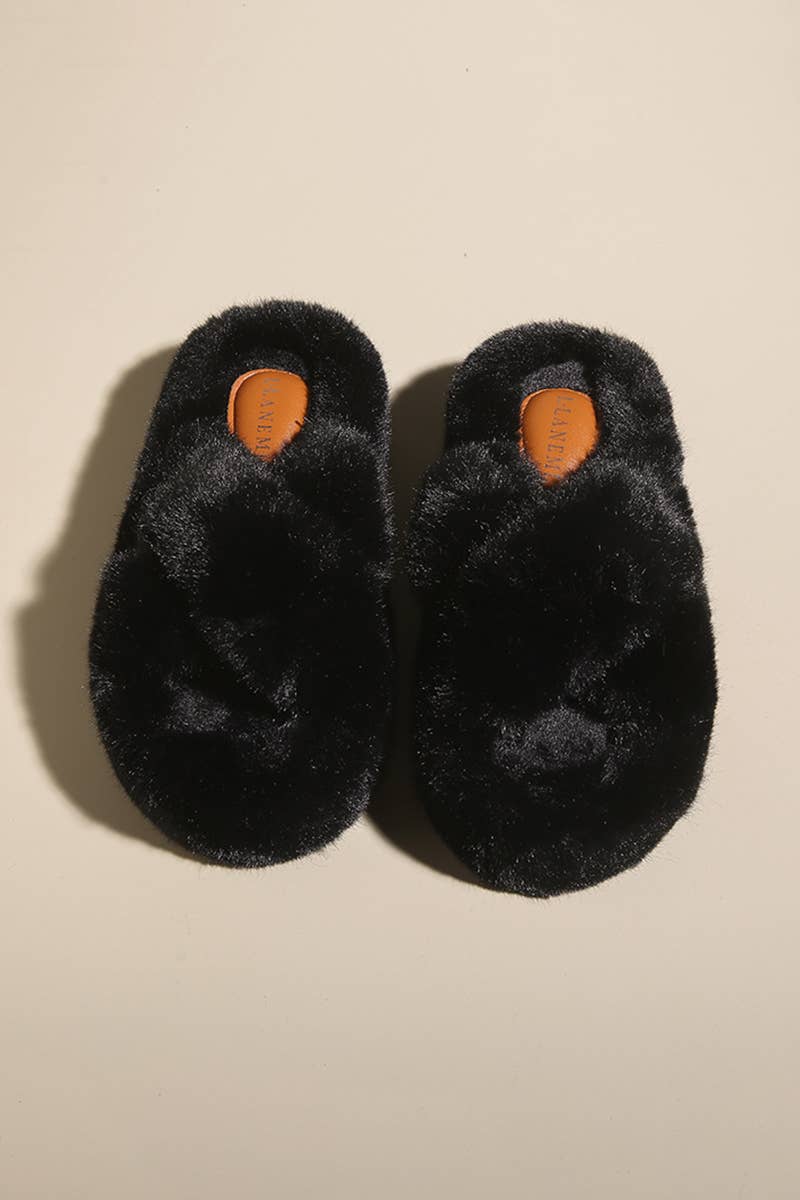 THICK SOLE CROSS STRAP FLUFFY BEDROOM SLIPPERS