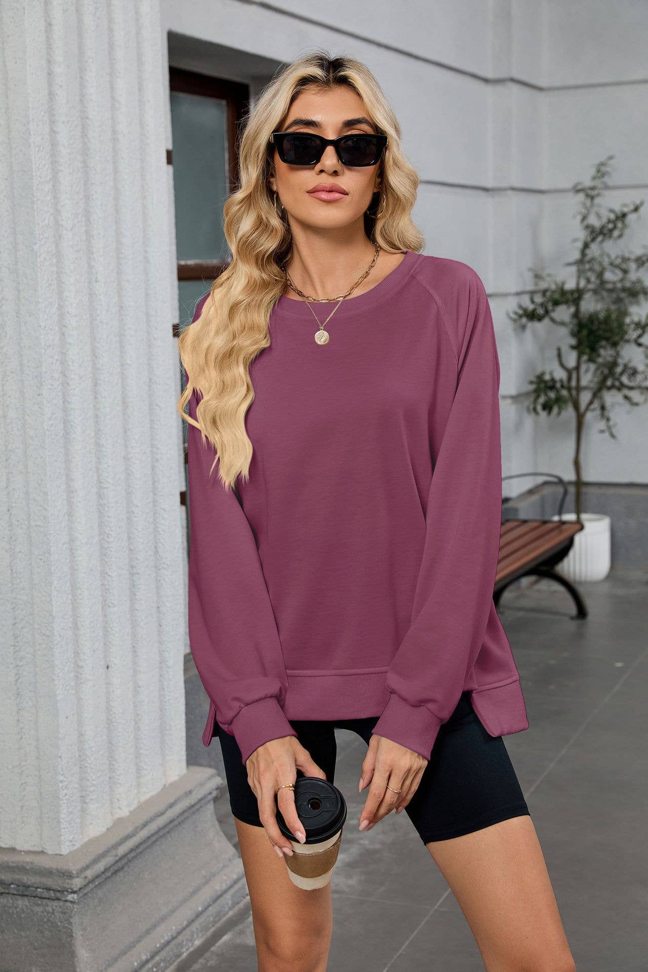 Solid color thread round neck loose hoodie