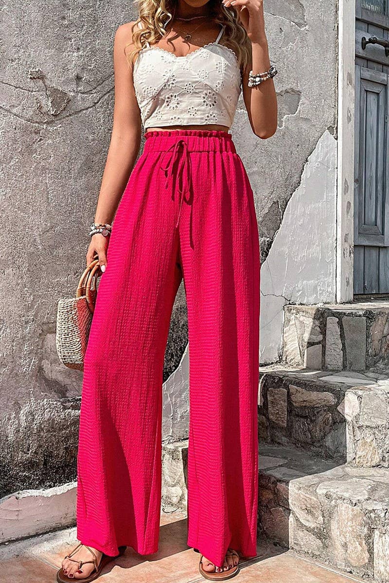 CWBLP1867_FASHIONABLE BUBBLE PLAID CASUAL WIDE-LEG PANTS