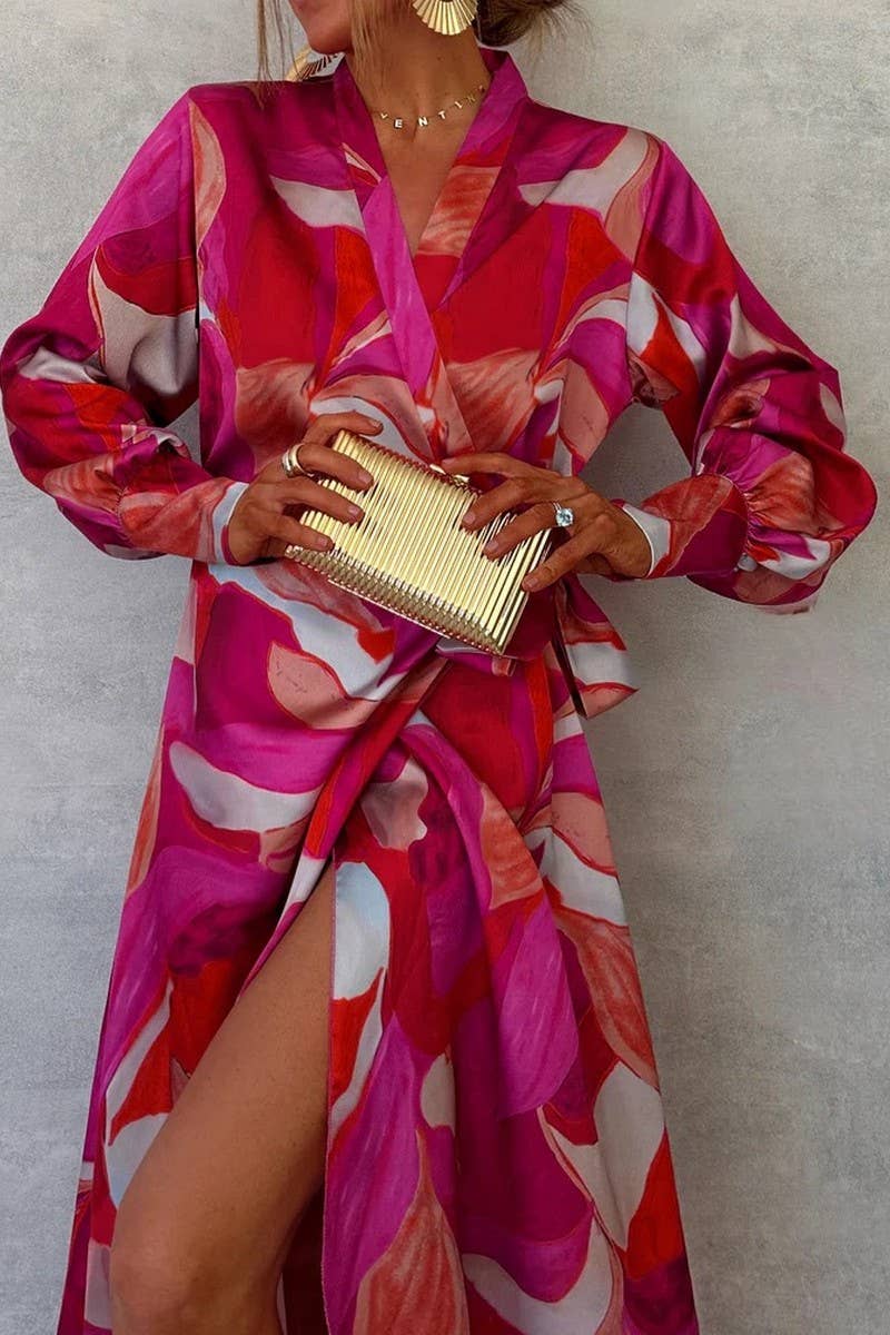 CWDMD5862_V-NECK LACE-UP LONG-SLEEVED ELEGANT DRESS