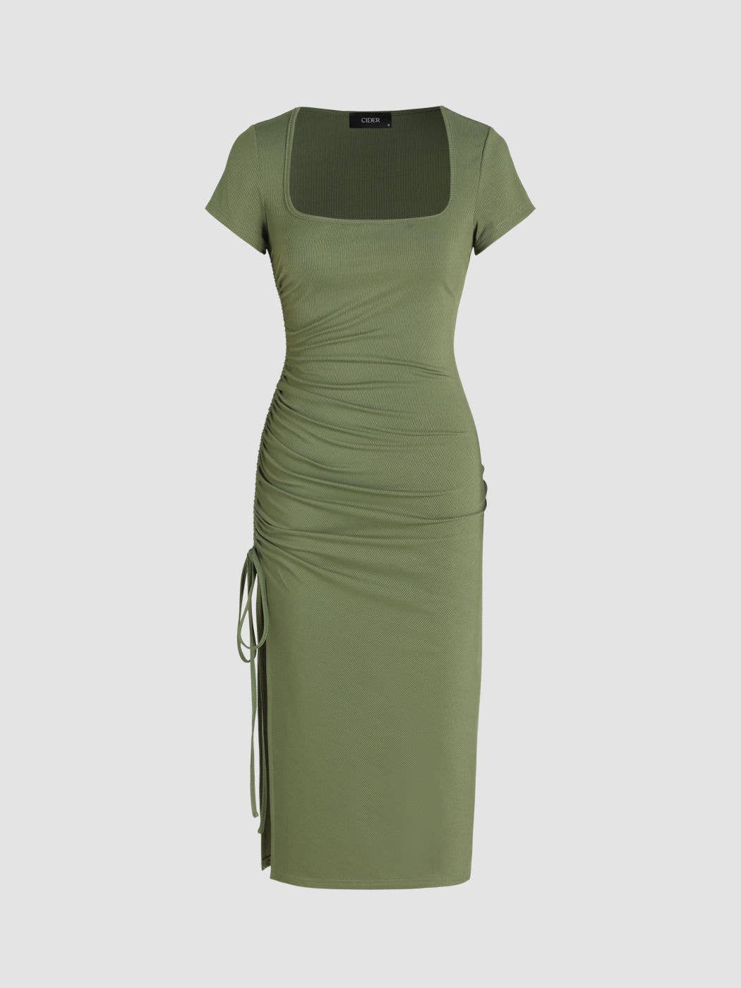 Knitted square neck cinched waist slit dress