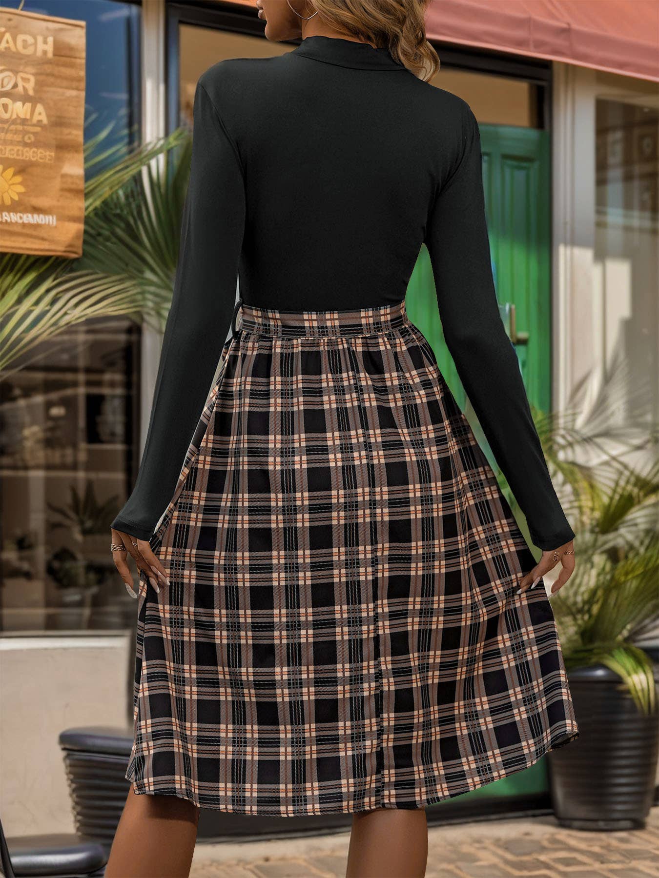 SLIM COMMUTER ELEGANT PLAID LACE-UP DRESS