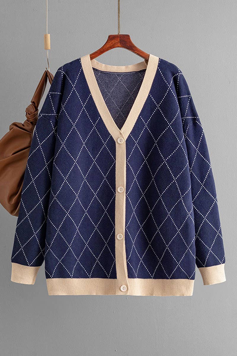 CWOCAL00676_V NECK LOOSE BUTTON PLAID KNIT CARDIGAN