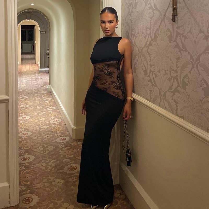 SEXY SLIM PATCHWORK LACE BACKLESS DRESS