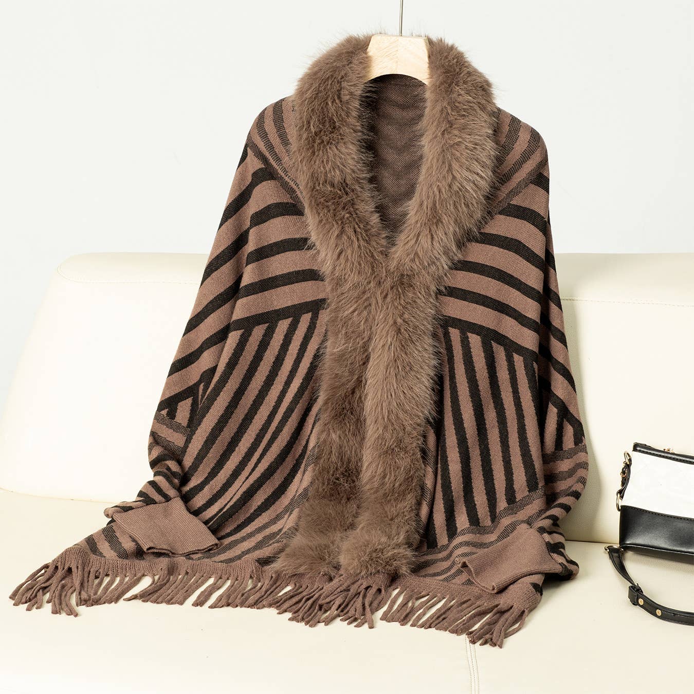 Fashion striped fringe knitted shawl cape