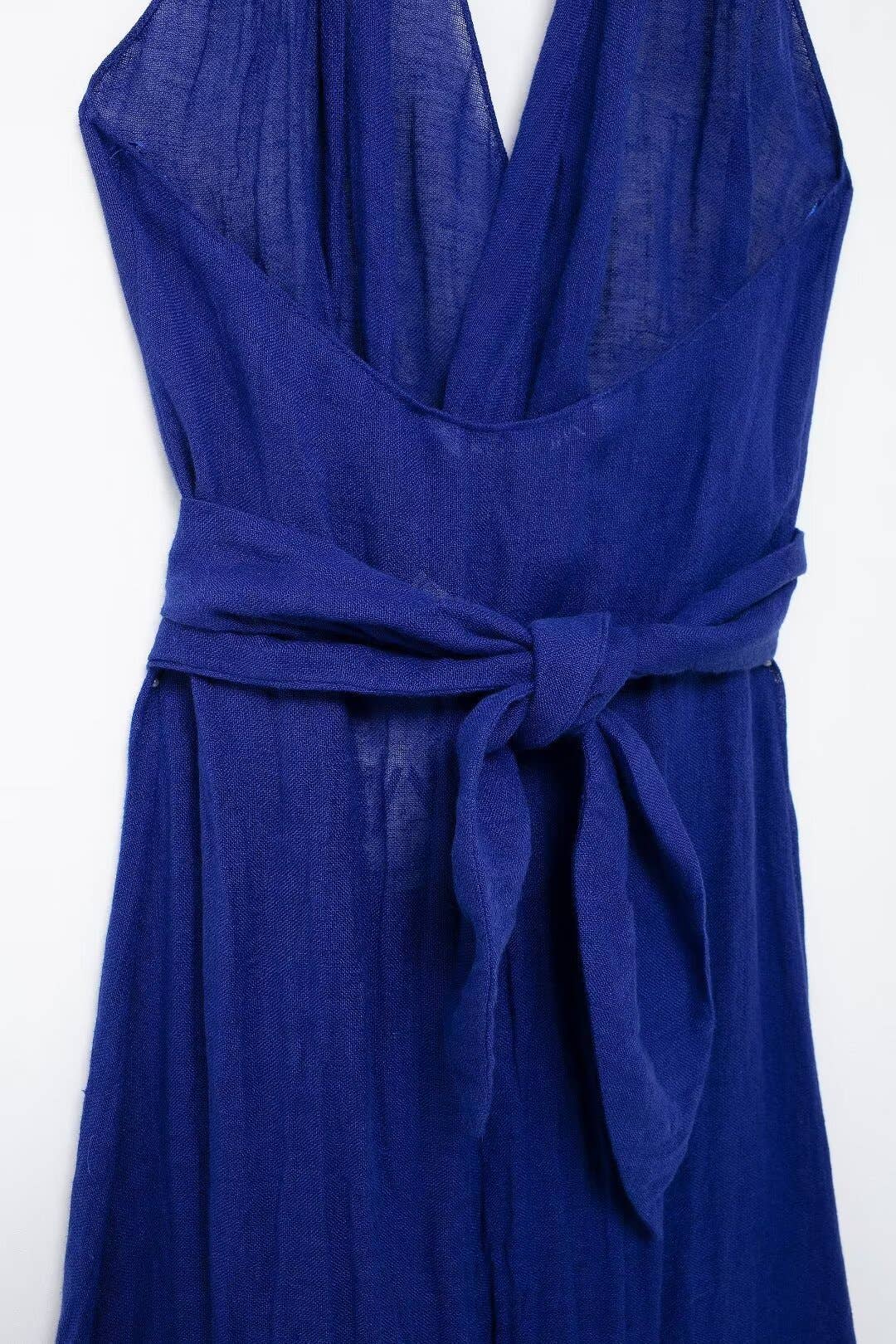 STYLISH LINEN BLEND LONG DRESS WITH NECK AND WAIST