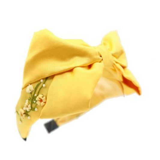 Embroidered Yellow Flower Bow Headband Creamy Silk