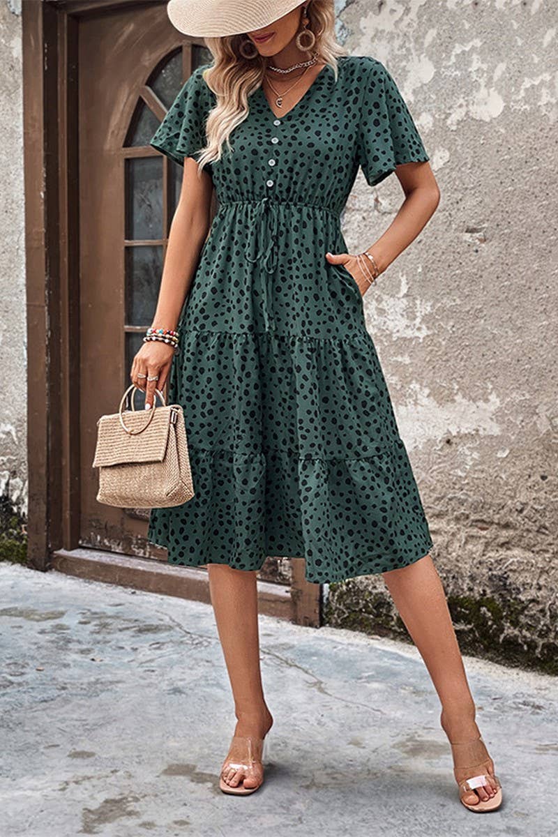 CWDSD2763_V-Neck Short Sleeve Detailed Tiered Maix Dress