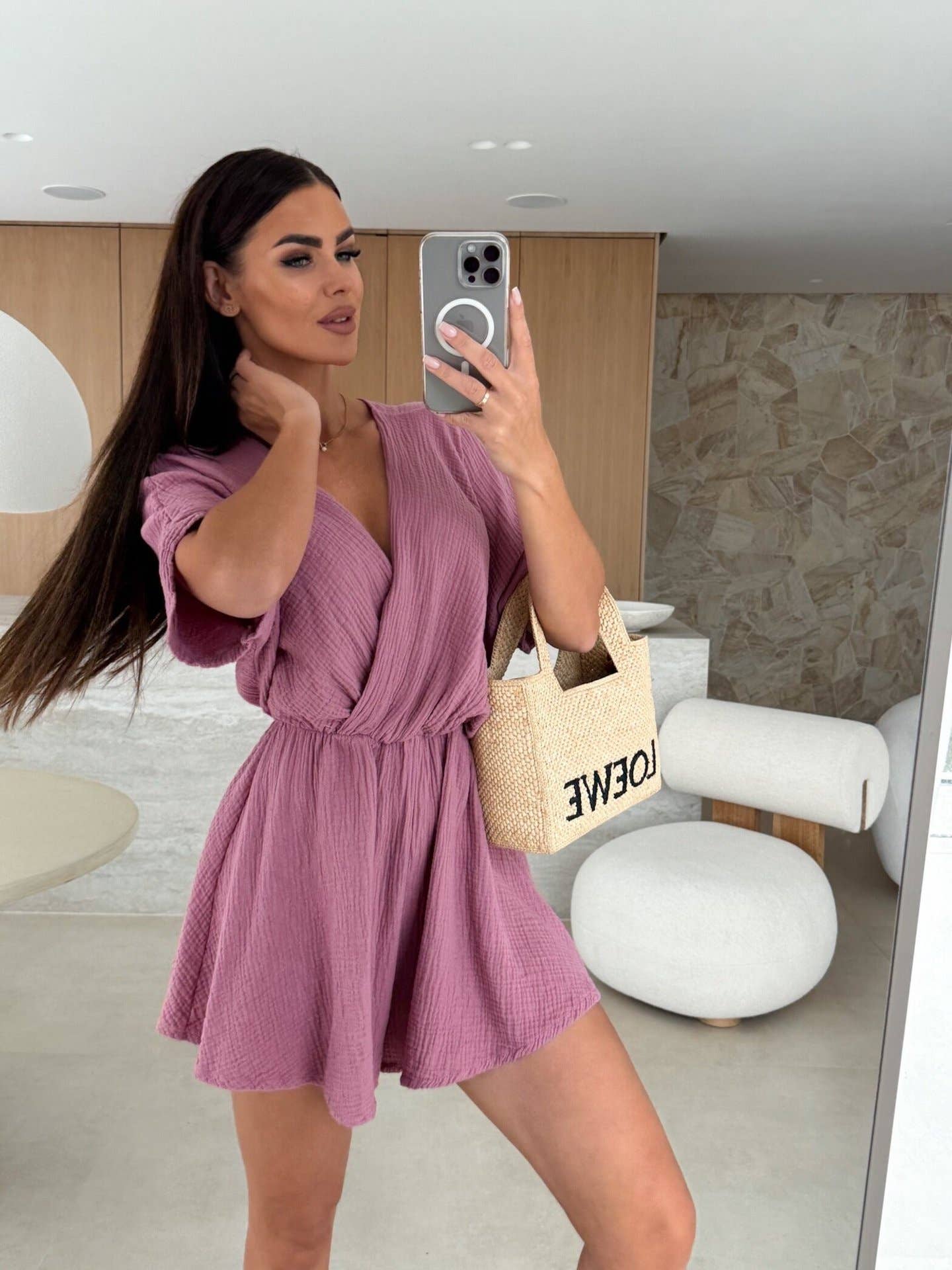 V-neck fashion cinche-waist solid color jumpsuit