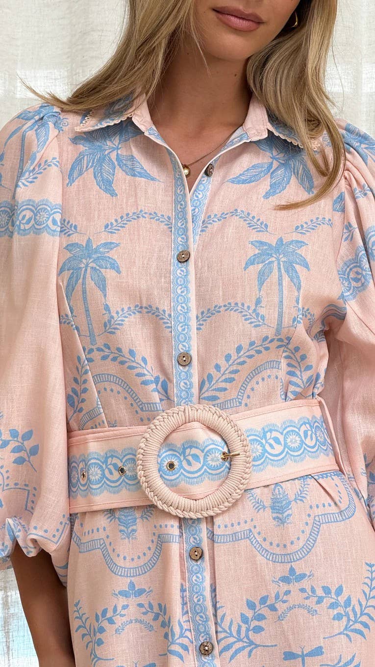 Loose belt cinched waist puffed sleeve dress