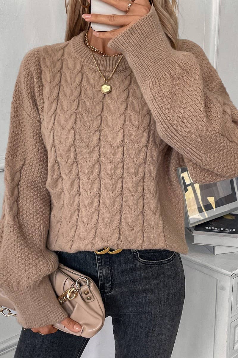 CWOSWL07456_CREW NECK SOLID CABLE KNIT LOOSE SWEATER