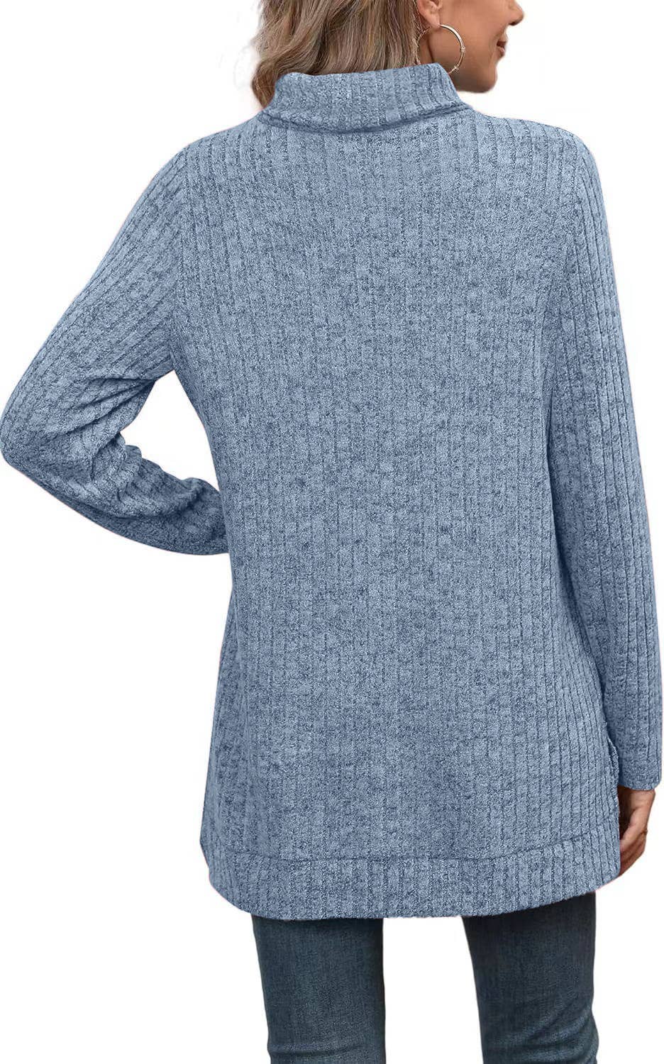 Solid-colored high-neck slit striped loose top