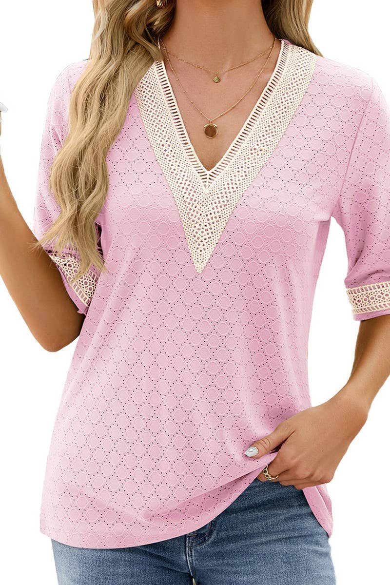 V NECK LACE STITCHING SOLID COLOR LOOSE TOP_CWTSTS0187