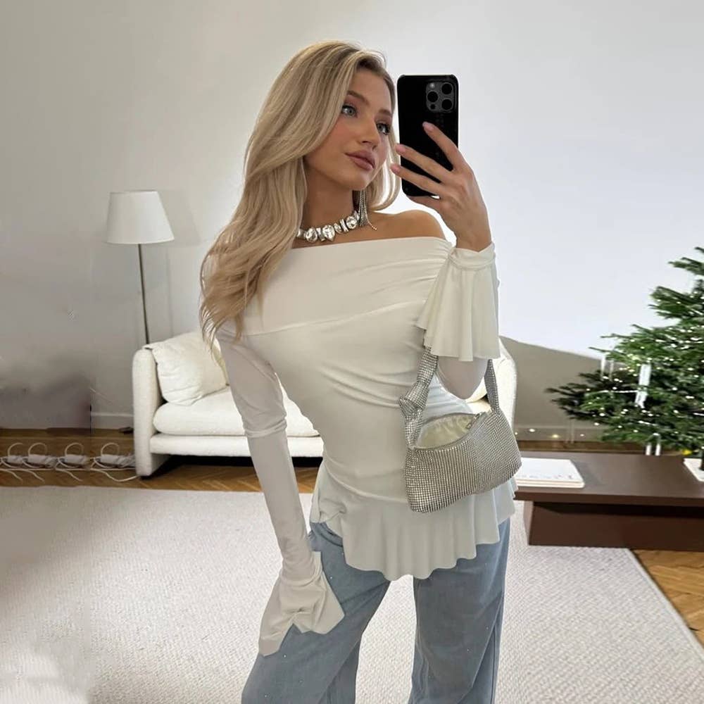 Solid color long-sleeved ruffled slim T-shirt