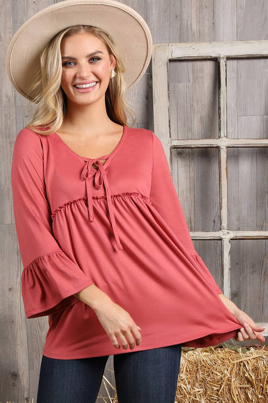 Cwttl1401_3/4 Sleeve With Neck String Detailed Top