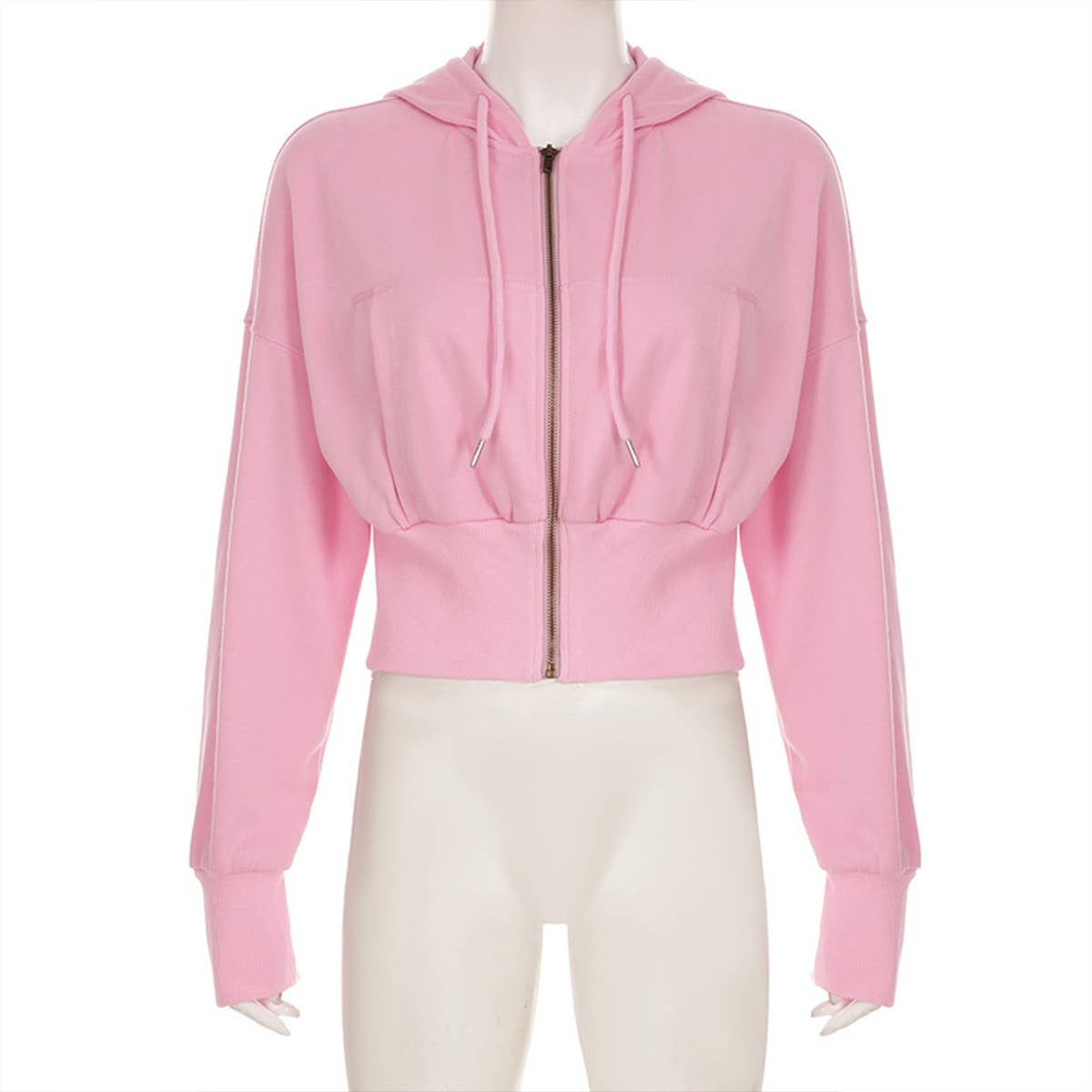 THREAD WAIST SLIMMING ZIPPER HOODED LOOSE JACKET