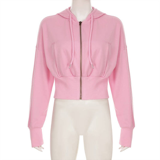 THREAD WAIST SLIMMING ZIPPER HOODED LOOSE JACKET