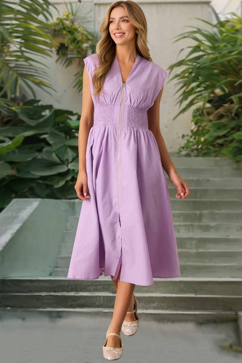 CWDMD6125_SOLID RUCHED ZIP FRONT V-NECK DRESS