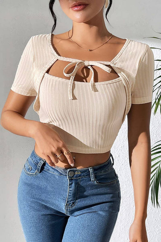 Cwtbls1628_Ribbed T-Shirt With Fake Two-Piece Square Neck